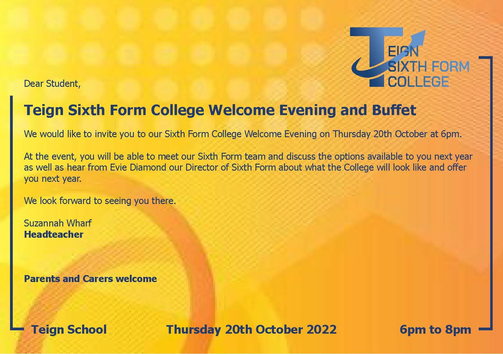 Tei sixth form welcome evening invitation oct 2022