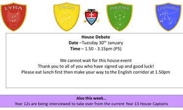 House Debate - Tuesday 30th January from 1.50 to 3.15pm